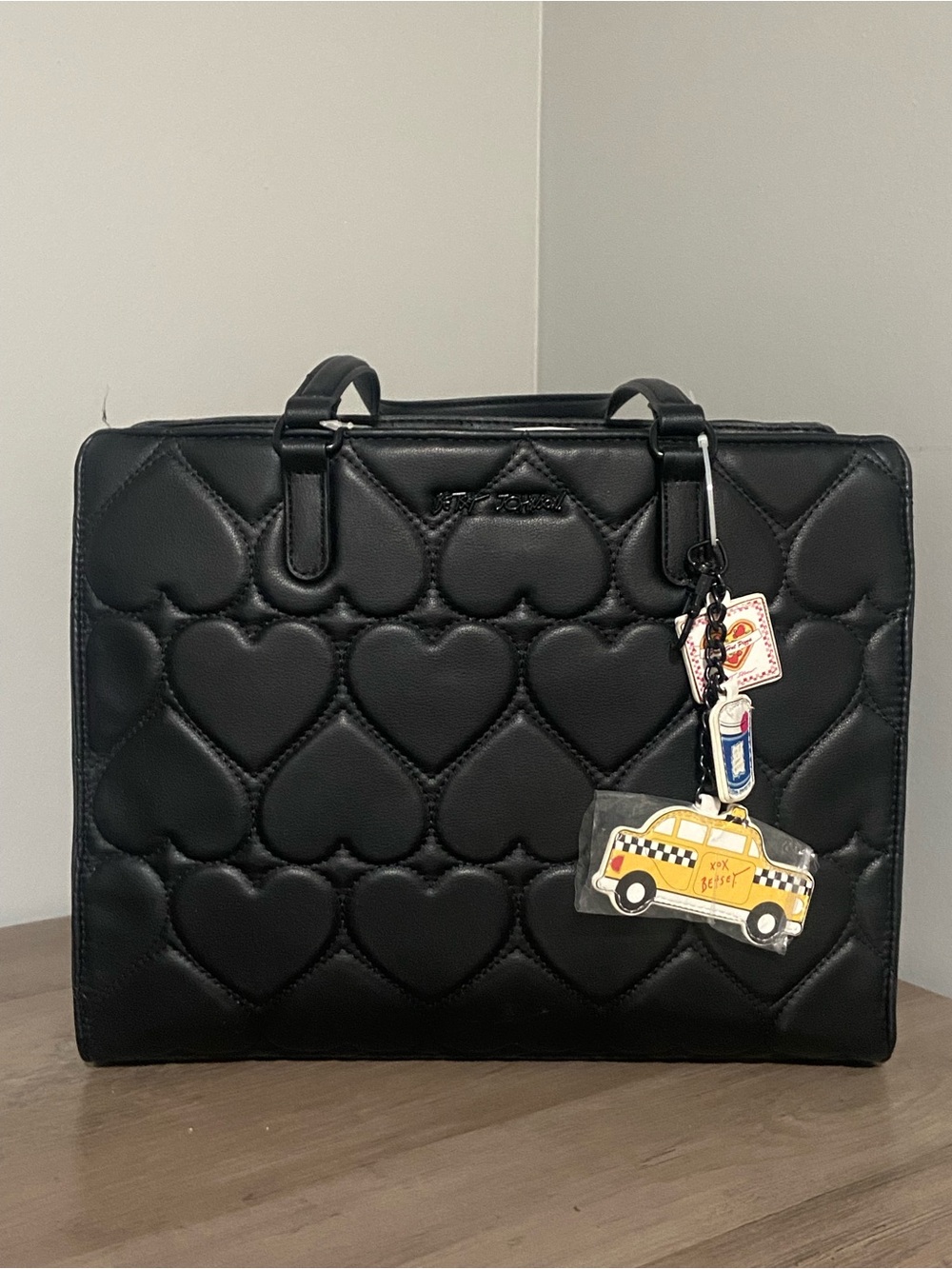 Betsey Johnson Black Quilted Heart Tote with Yellow Taxi Charm